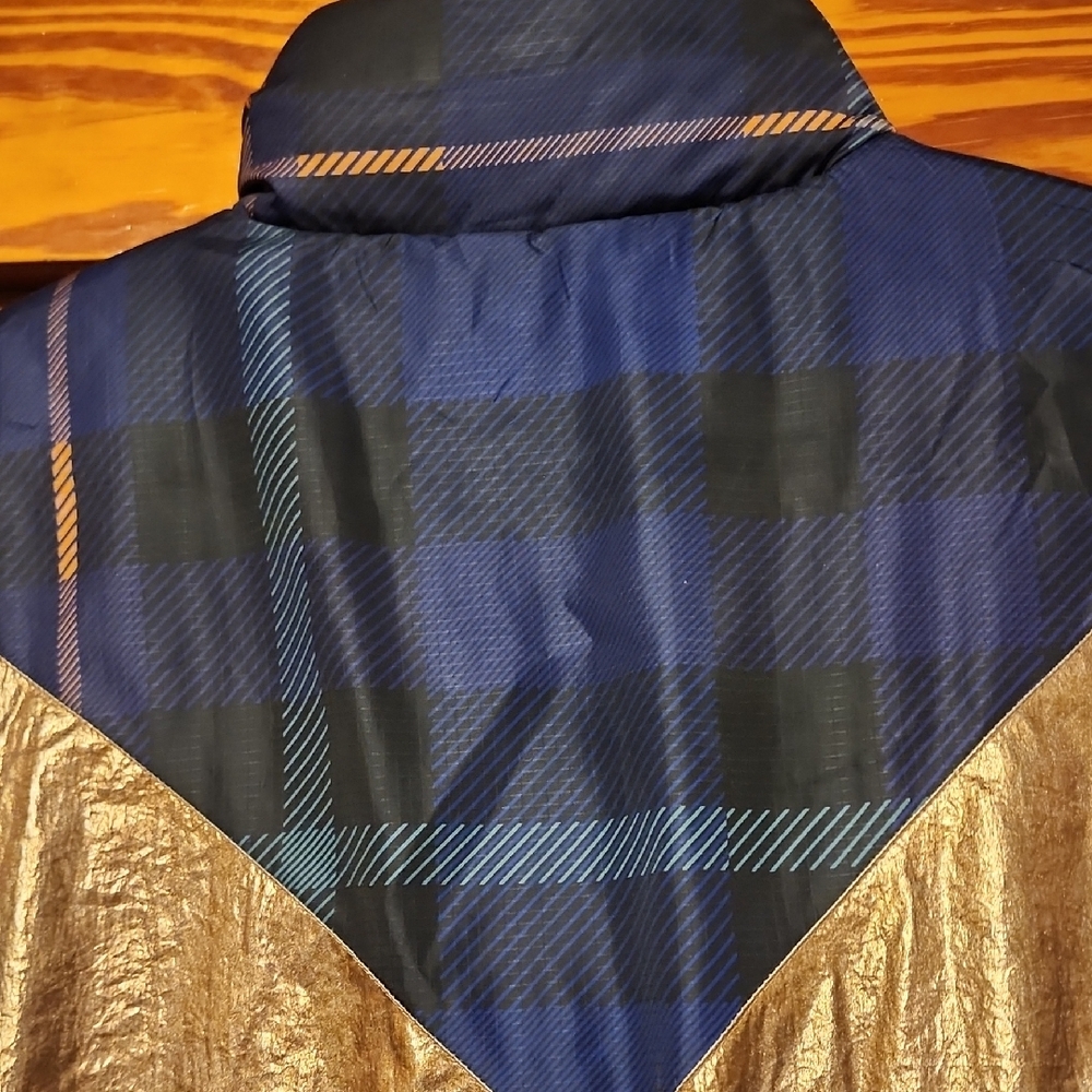 FARM Rio Borogodo Metallic Gold & Navy Patterned Reversible Puffer Jacket Small - Picture 9 of 15